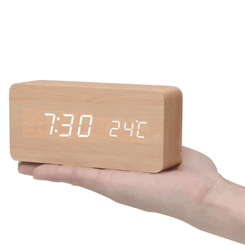 Voice-Activated LED Wooden Desk Clock — Alarm & USB Power 15