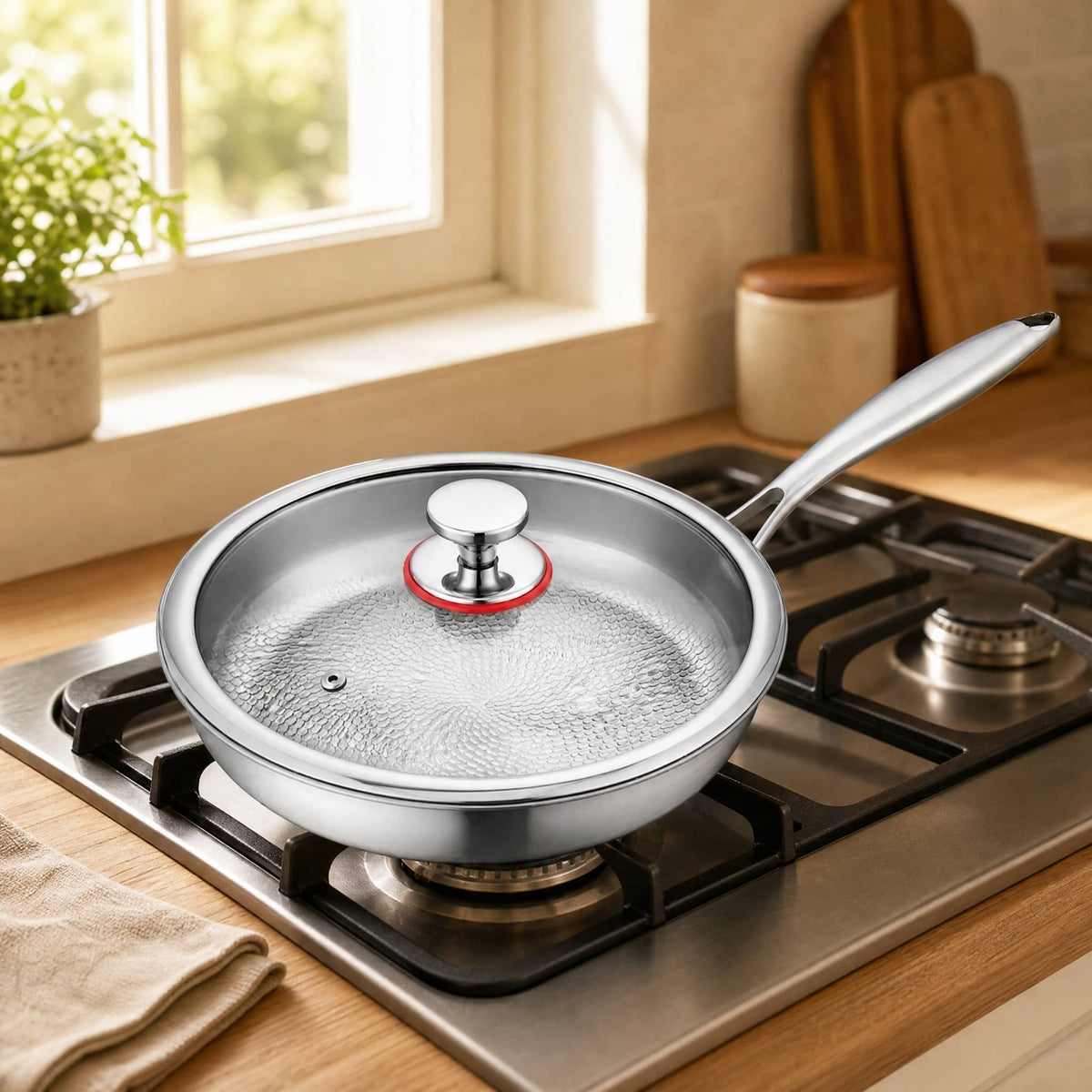 Hammered Titanium Frying Pan — Natural Non-Stick with Glass Lid 6
