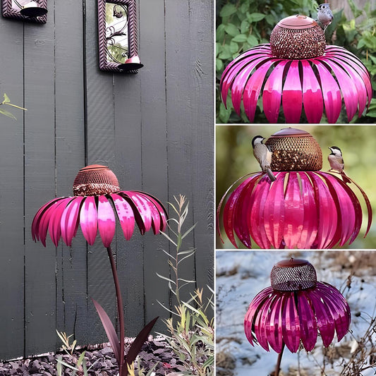 Floriven metal sunflower bird feeder hanging in a garden