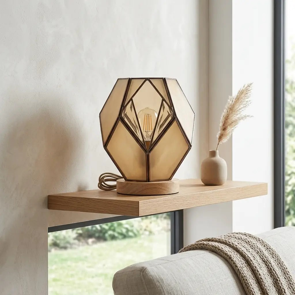 AmberForm amber glass table lamp glowing on a side table