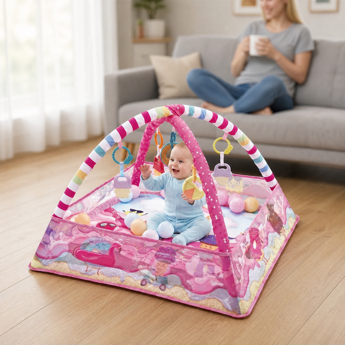 Baby Play Mat Activity Gym with Ball Pit & Hanging Toys 4