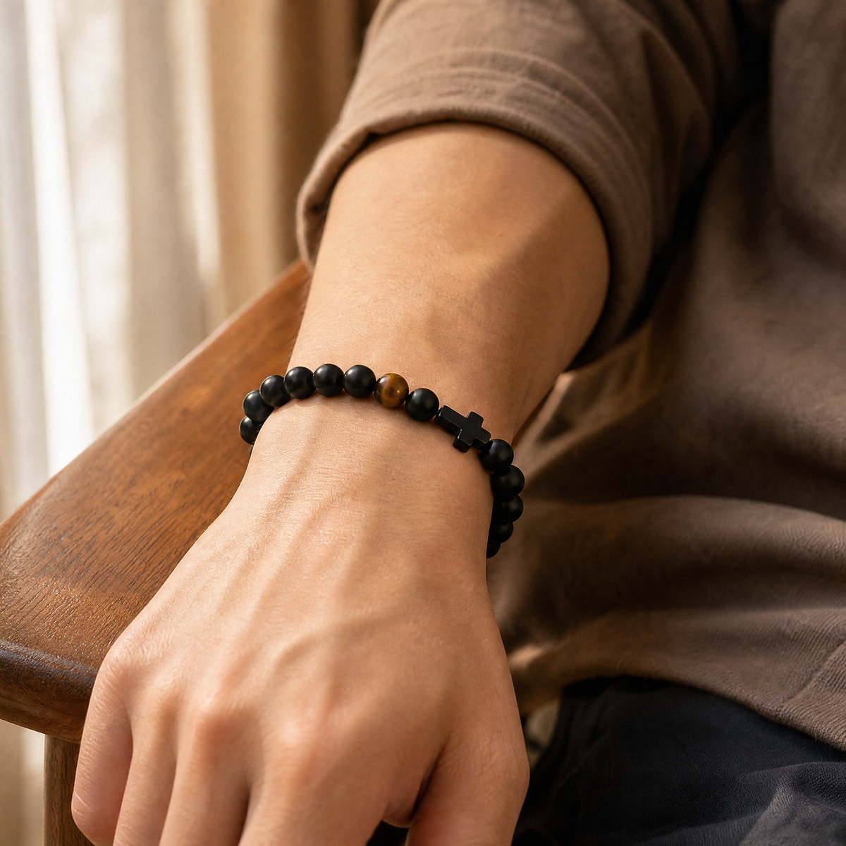 Gift for Dad — Men's Cross & Black Pearl Bead Bracelet 2