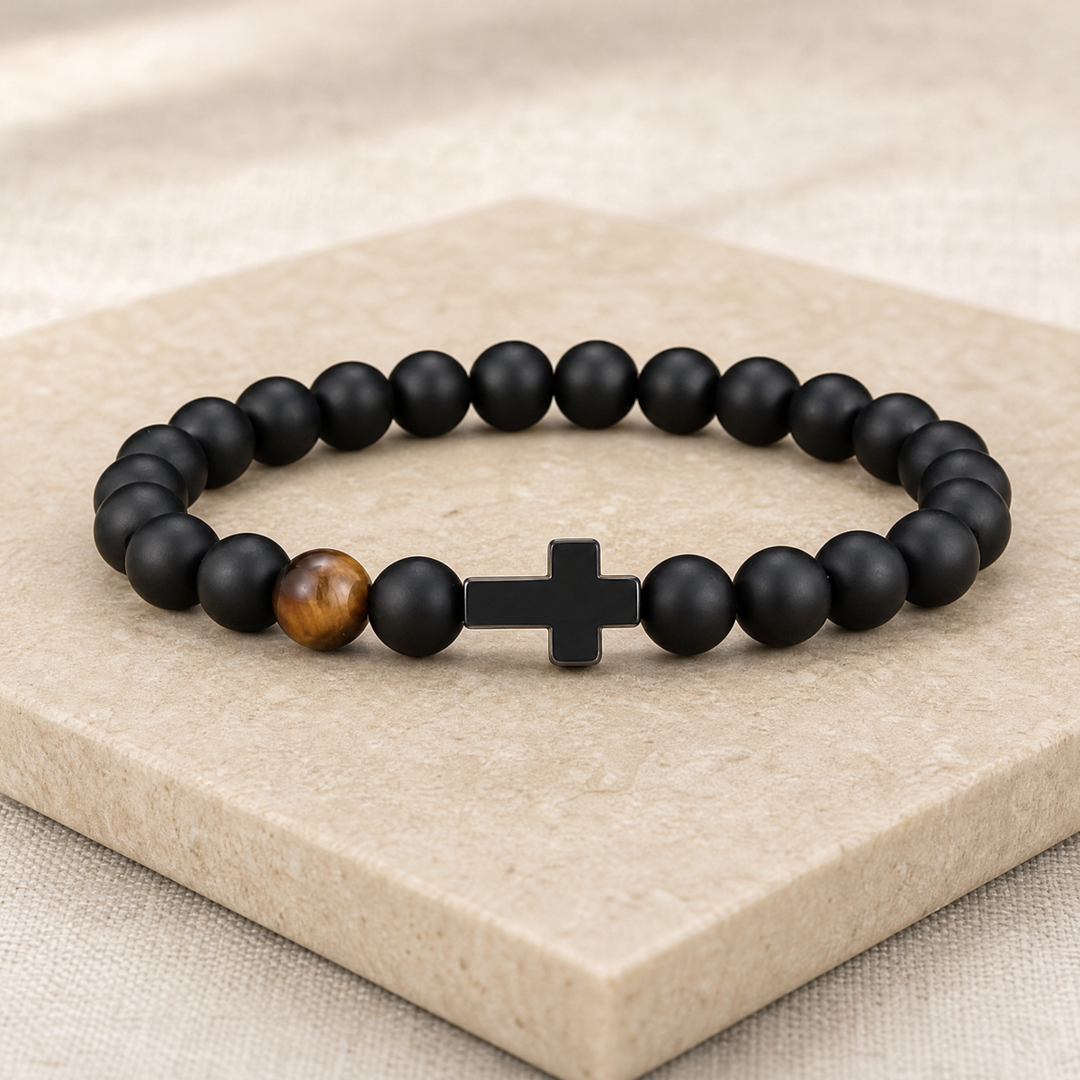 Gift for Dad — Men's Cross & Black Pearl Bead Bracelet 8