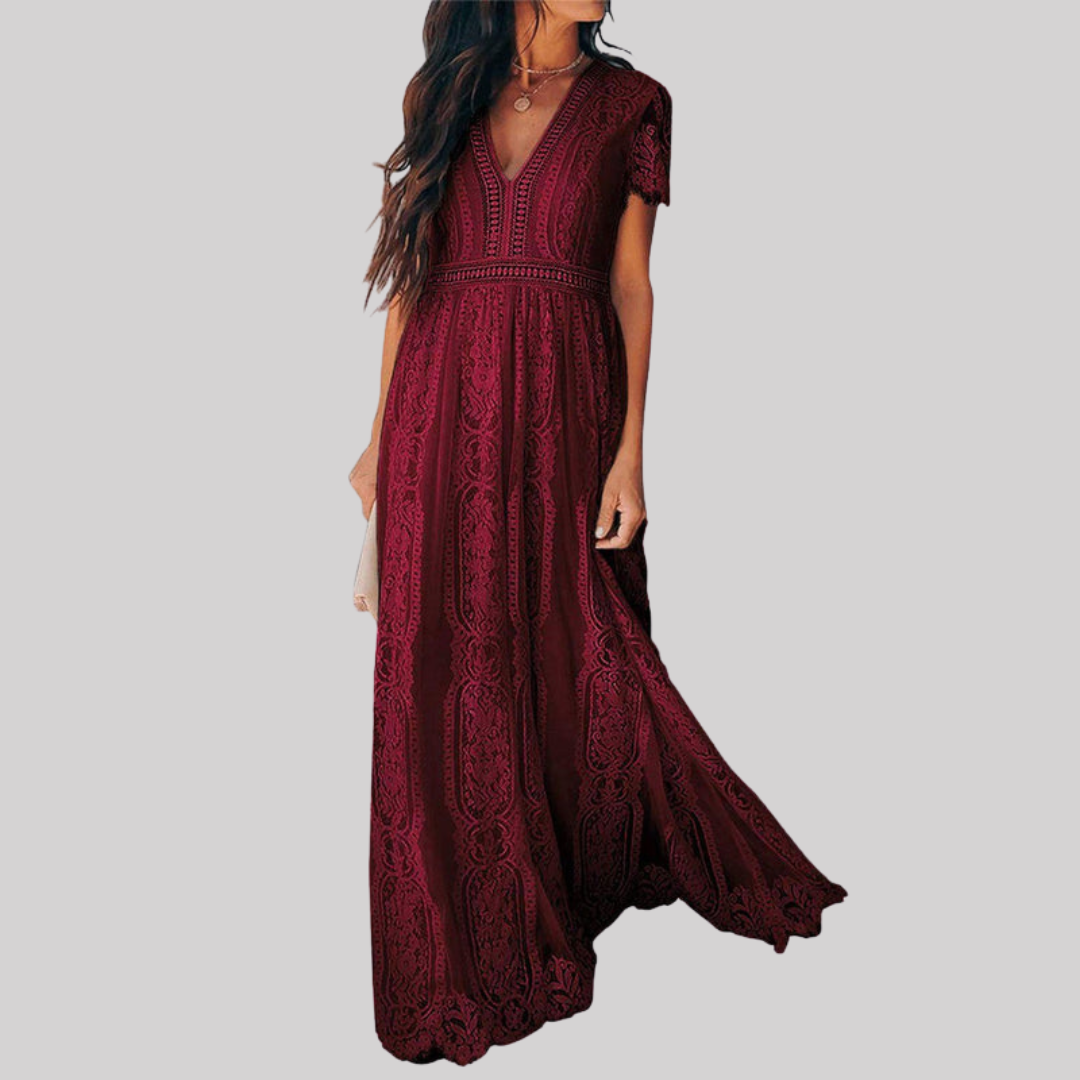 Women's Lace Maxi Dress — Deep V-Neck Wedding Guest Style 1