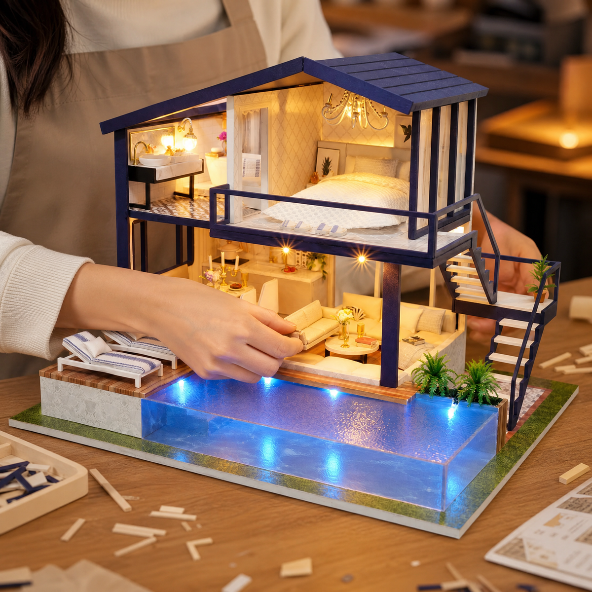 Dollhouse DIY Kit with LED Lights — Miniature Assembly Set 2