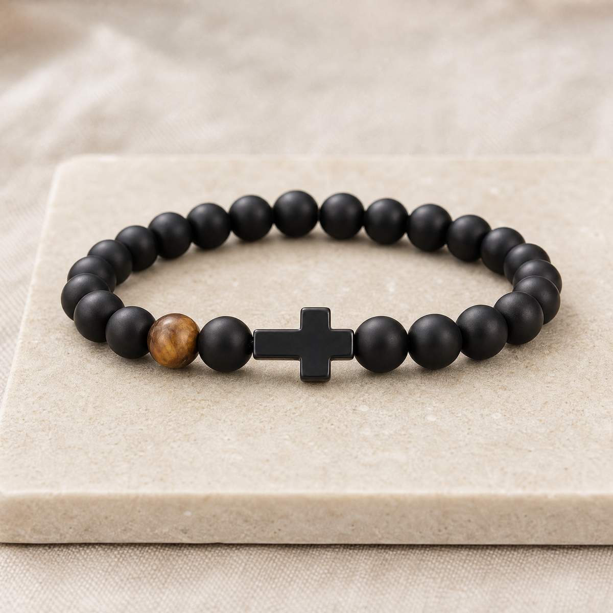 Gift for Dad — Men's Cross & Black Pearl Bead Bracelet 9