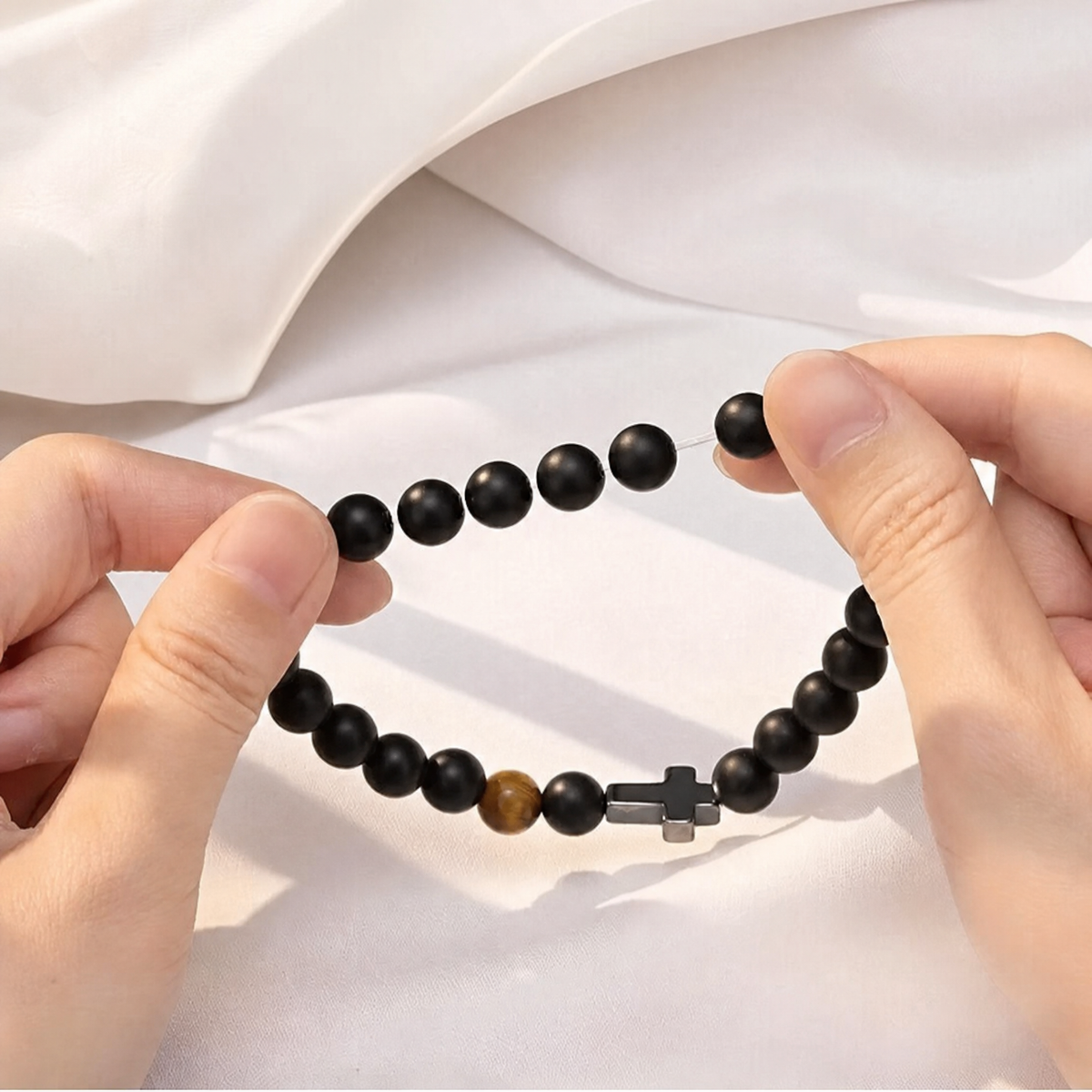 Gift for Dad — Men's Cross & Black Pearl Bead Bracelet 4