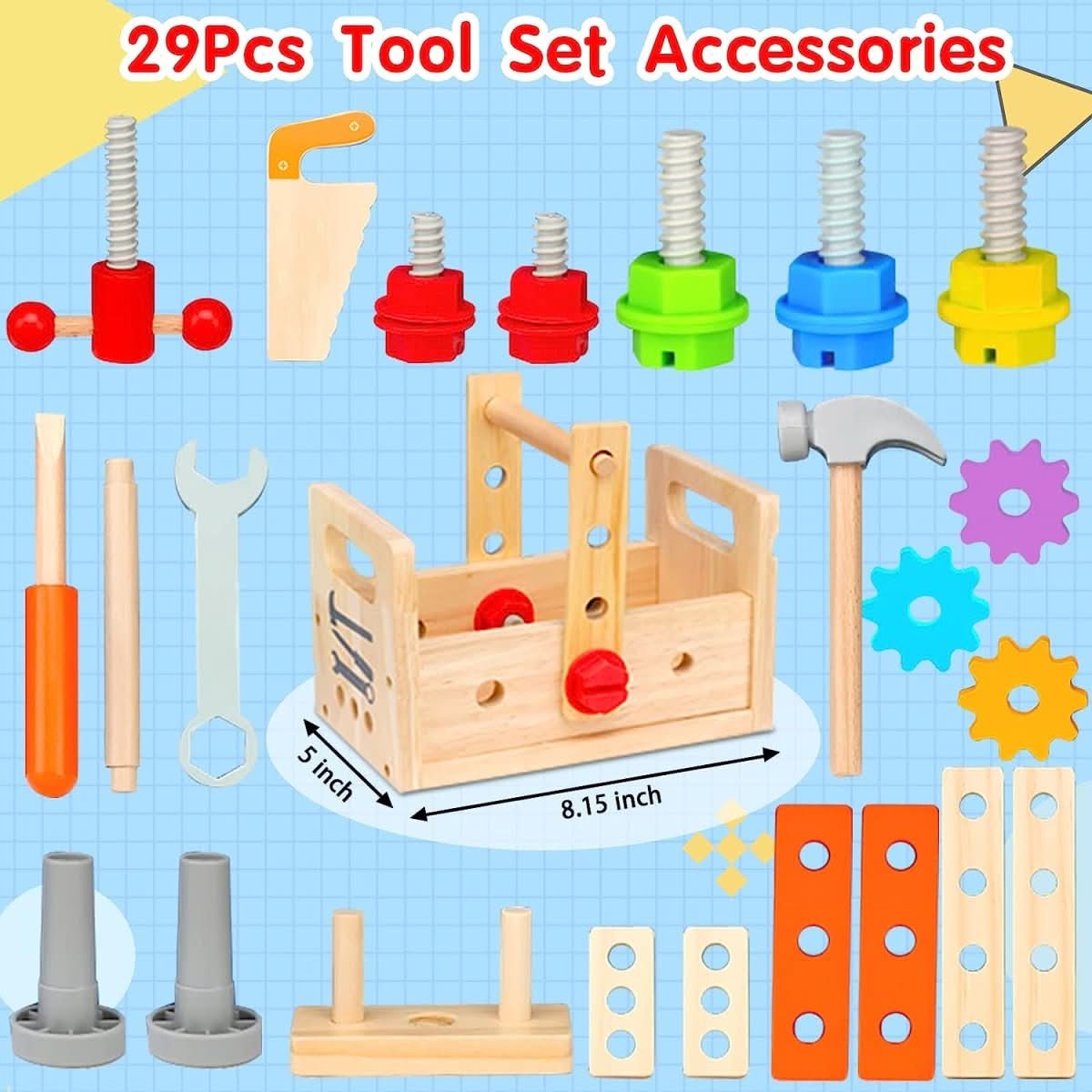 Wooden Toys Toolbox Set — 29-Piece Kids Build & Play Kit 3