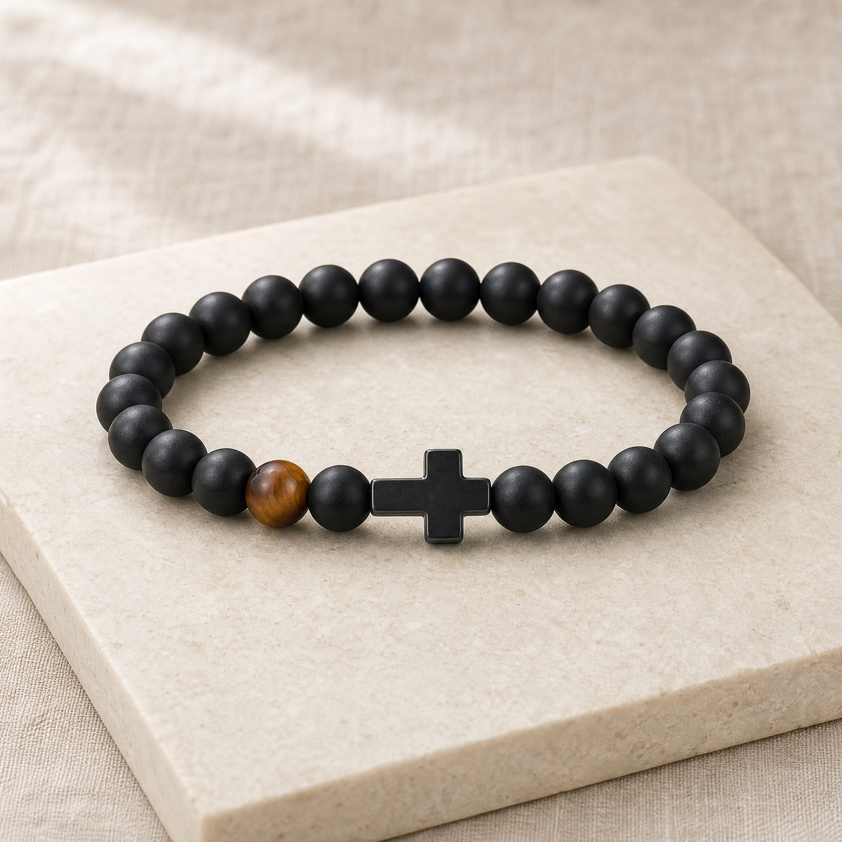 Gift for Dad — Men's Cross & Black Pearl Bead Bracelet 10