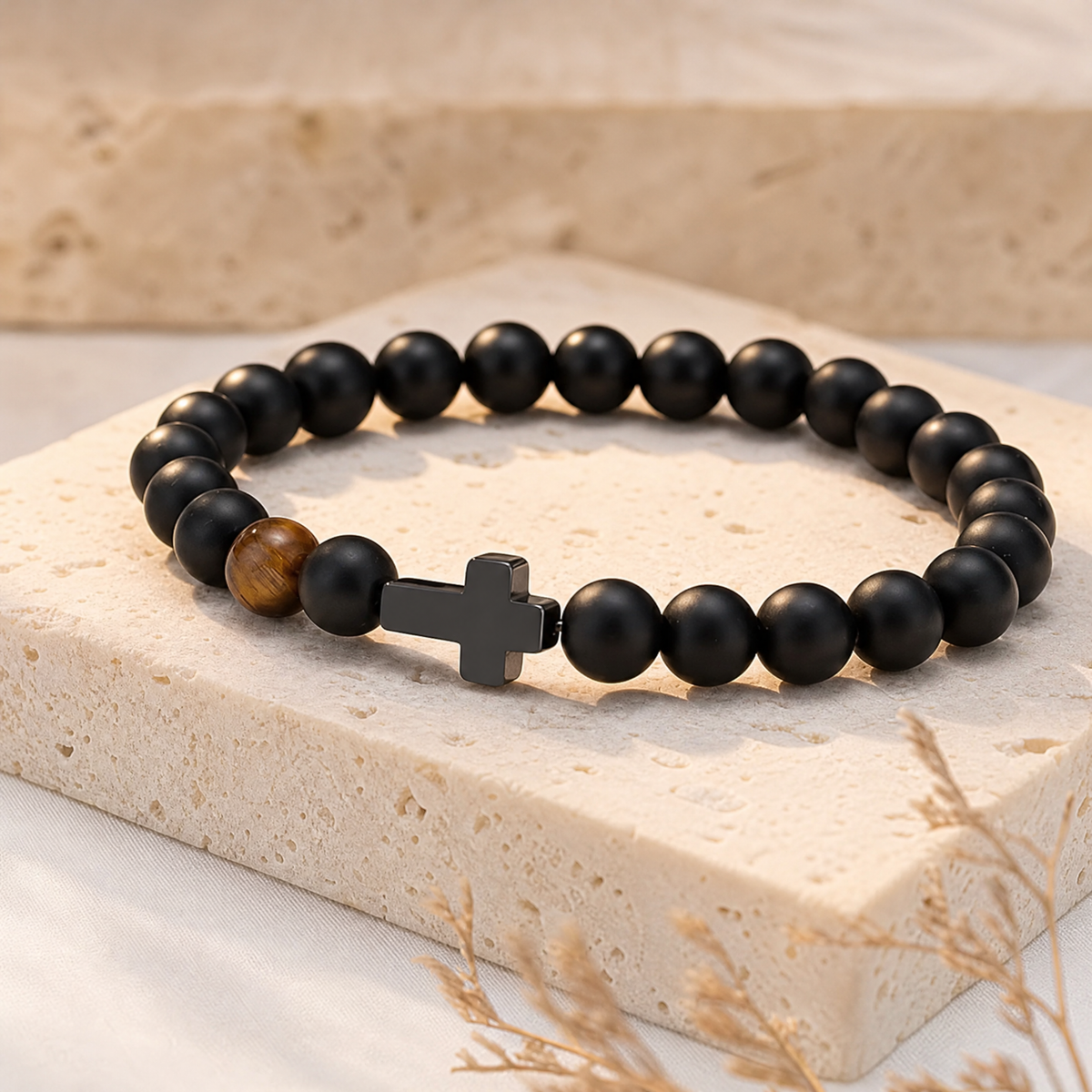 Gift for Dad — Men's Cross & Black Pearl Bead Bracelet 1