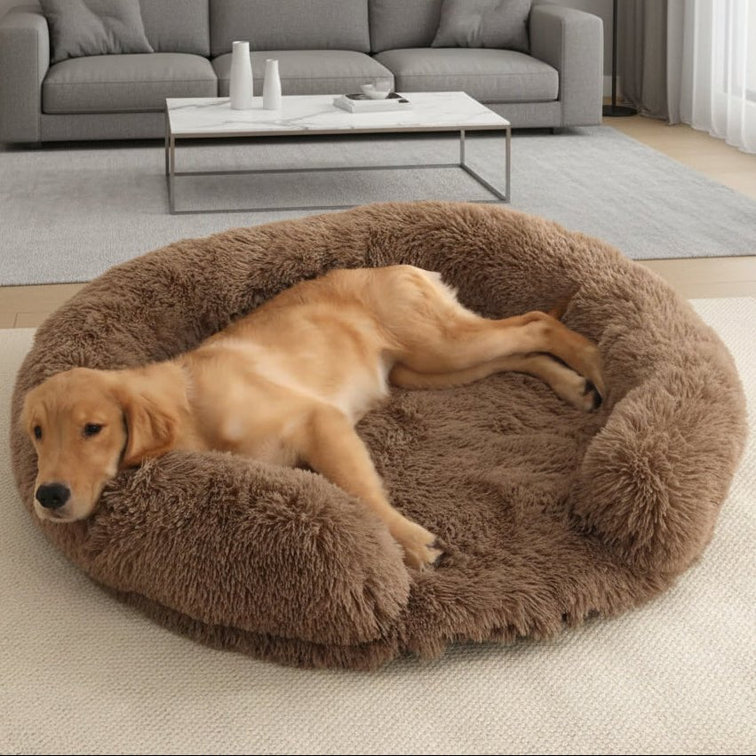 Semi-Open Round Plush Dog Bed — Washable Non-Slip Cover 1