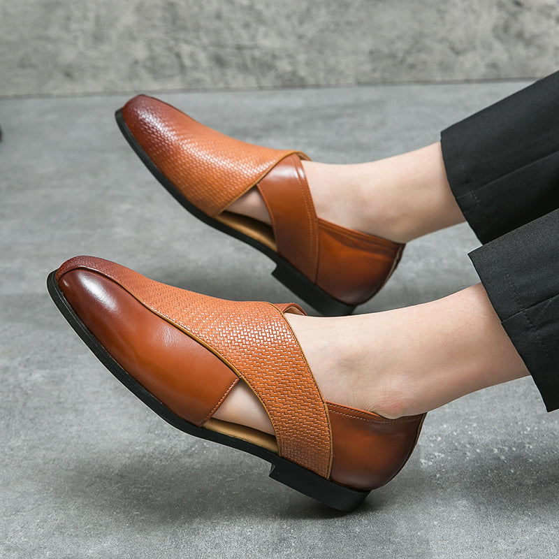 Women's Genuine Leather Loafers — Textured Weave Slip-On 8