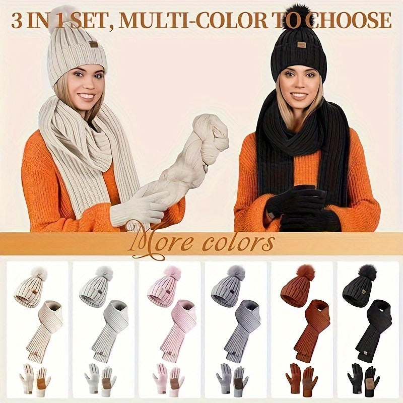 Women's Knit Hat Scarf and Gloves Set — Ribbed Winter Accessories 2