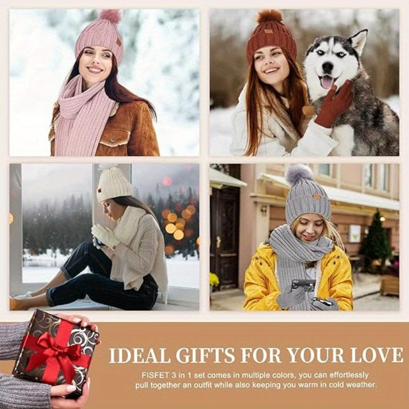 Women's Knit Hat Scarf and Gloves Set — Ribbed Winter Accessories 3