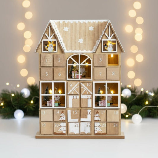 Illuminated Wooden House Advent Calendar — 24 Doors & LED Lights 1
