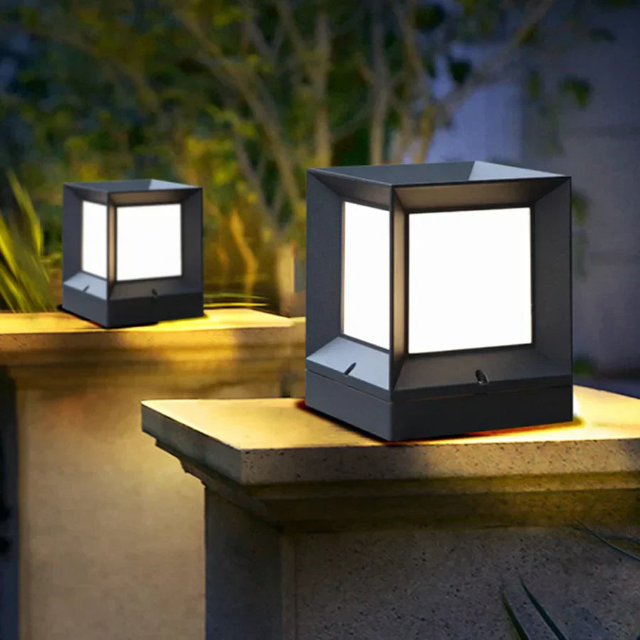 Modern Outdoor Pillar Light — Black Frame LED Gate Lamp 5