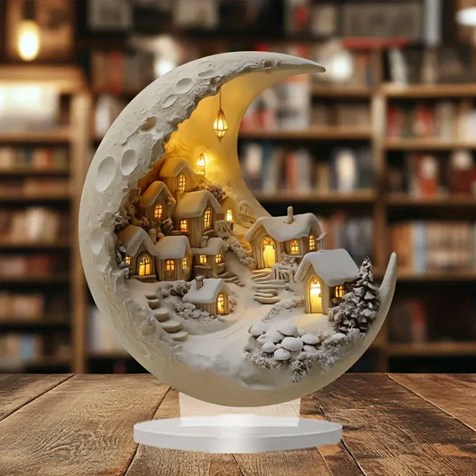 Moon Winter City Acrylic Decor — Warm Glowing Village 1