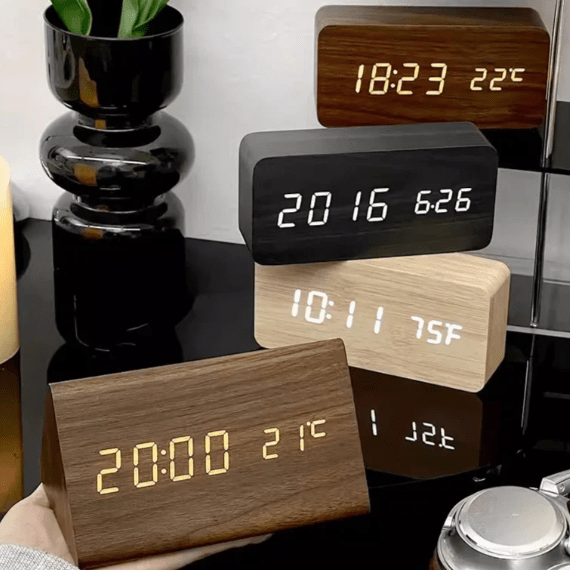 Voice-Activated LED Wooden Desk Clock — Alarm & USB Power 4