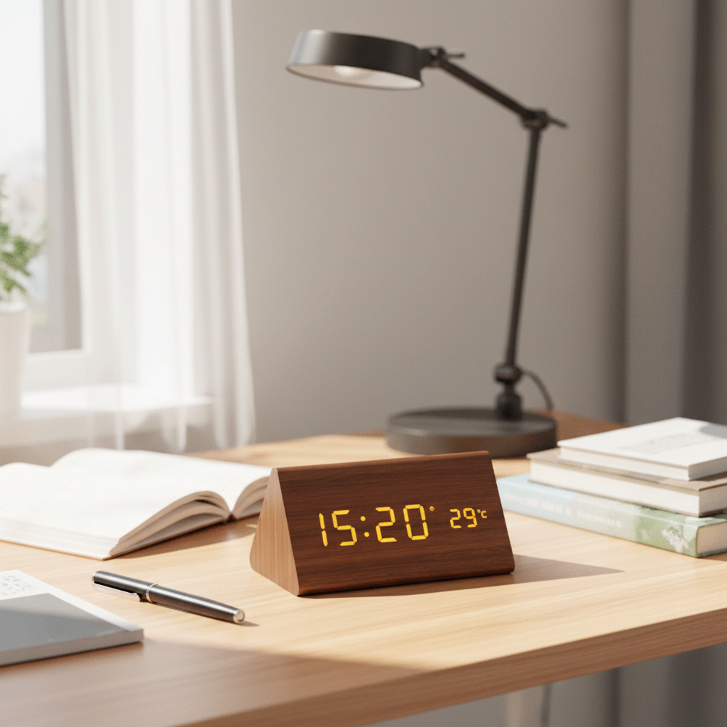 Voice-Activated LED Wooden Desk Clock — Alarm & USB Power 2