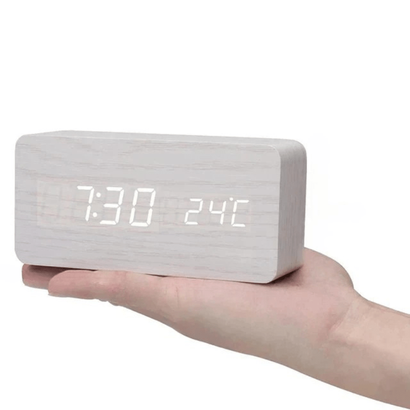 Voice-Activated LED Wooden Desk Clock — Alarm & USB Power 9