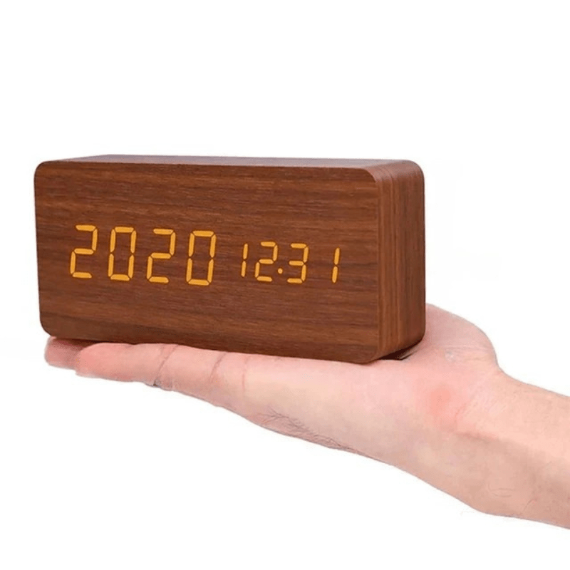 Voice-Activated LED Wooden Desk Clock — Alarm & USB Power 10
