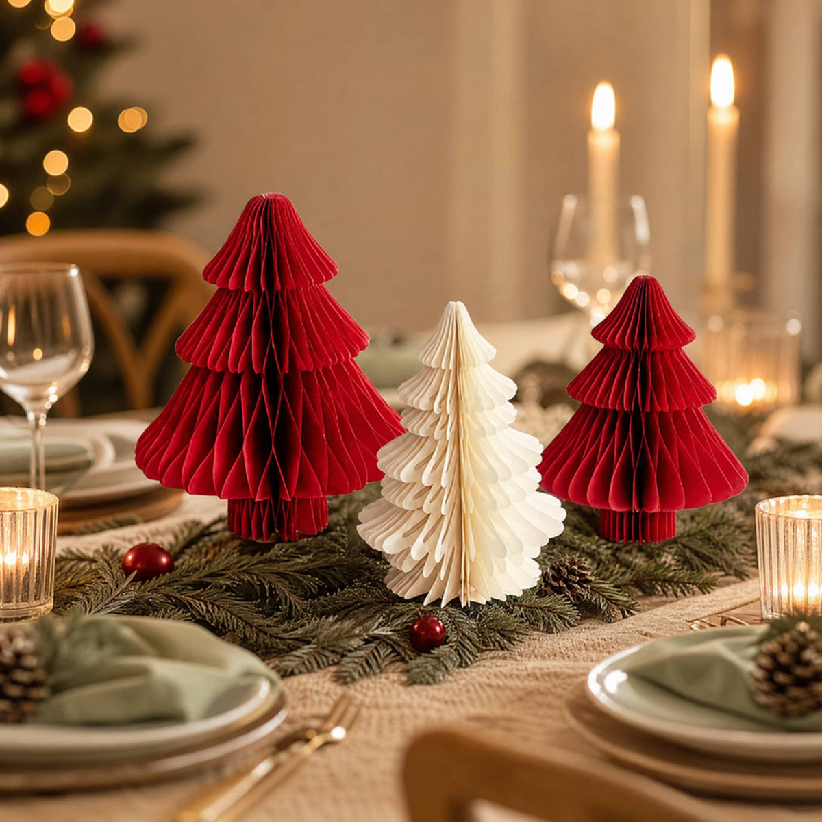 3D Honeycomb Paper Christmas Trees — Foldable Table Decor Set 4