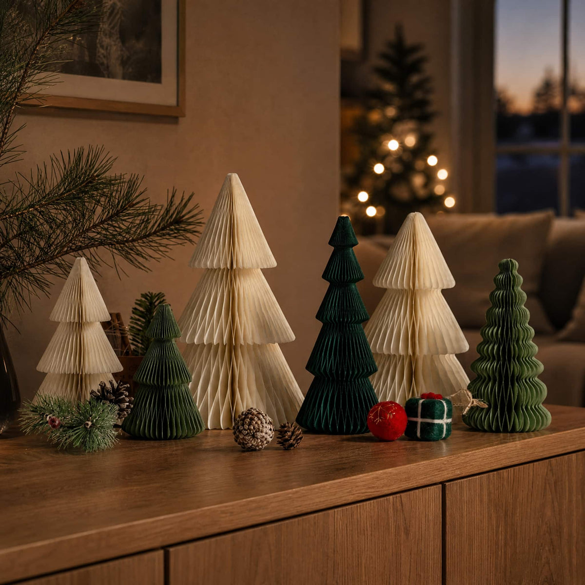 3D Honeycomb Paper Christmas Trees — Foldable Table Decor Set 6
