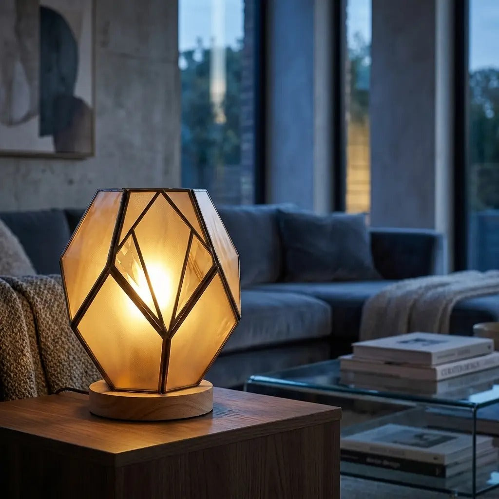AmberForm | Amber Geometric Glass Table Lamp with Wood Base