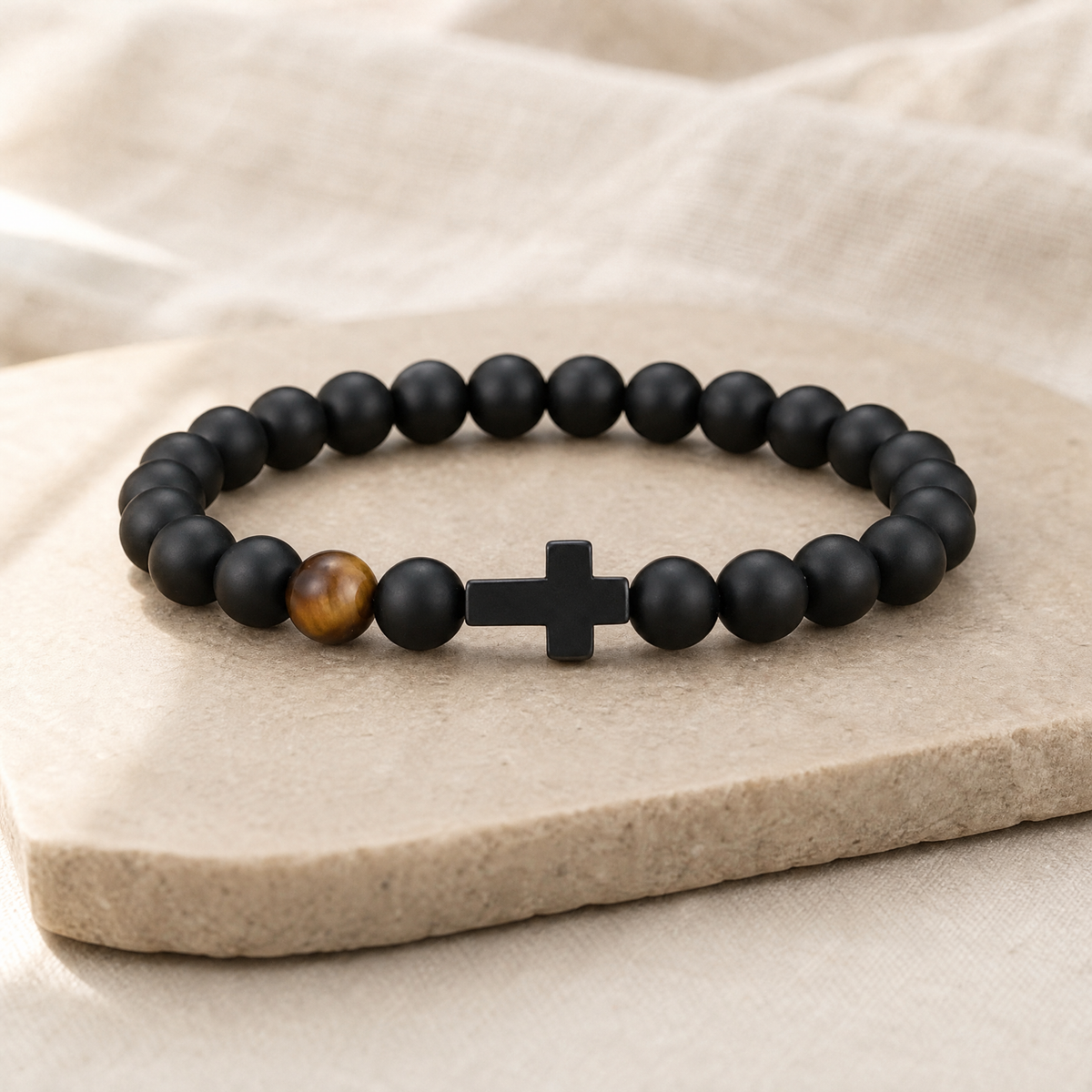 Gift for Dad — Men's Cross & Black Pearl Bead Bracelet 7