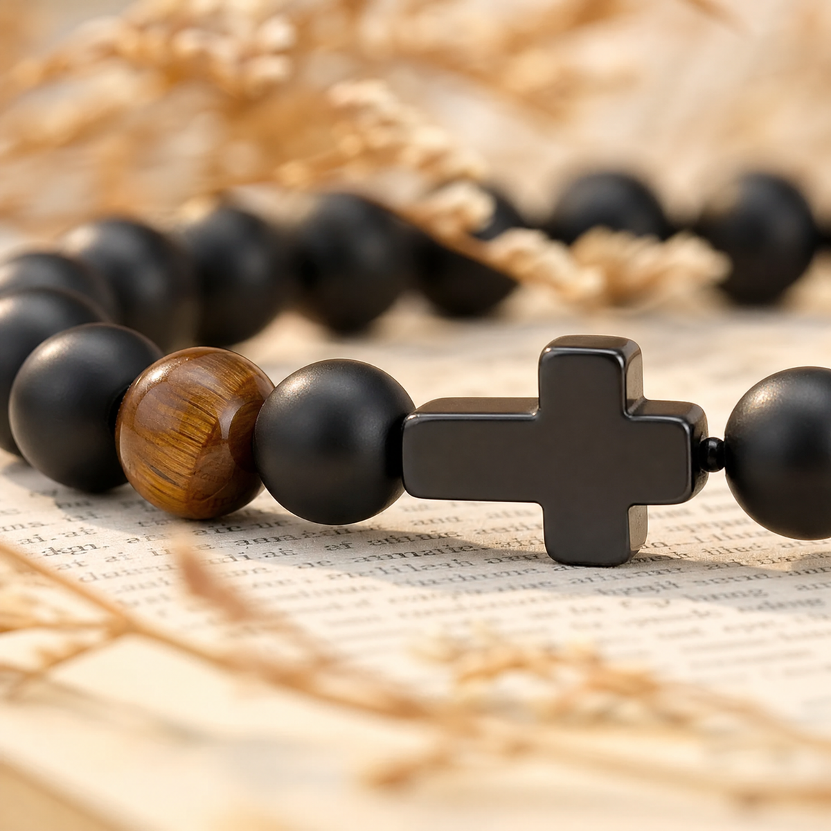 Gift for Dad — Men's Cross & Black Pearl Bead Bracelet 5