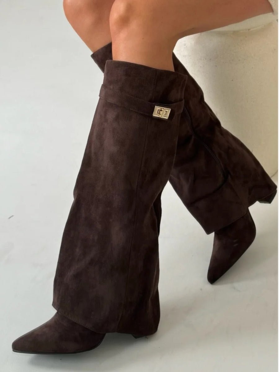 Suede-Look Ankle Boots Gold Hardware Detail — Block Heel 12
