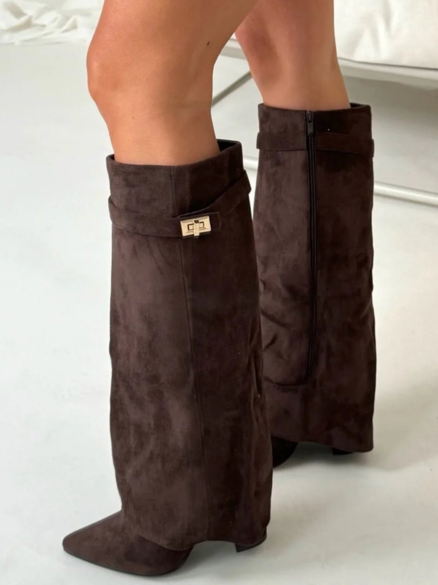 Suede-Look Ankle Boots Gold Hardware Detail — Block Heel 14