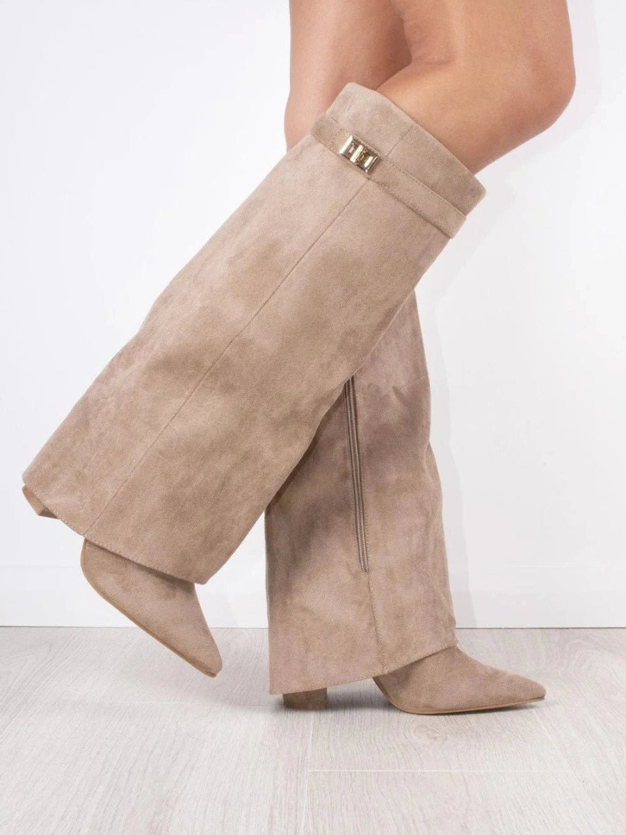 Suede-Look Ankle Boots Gold Hardware Detail — Block Heel 8