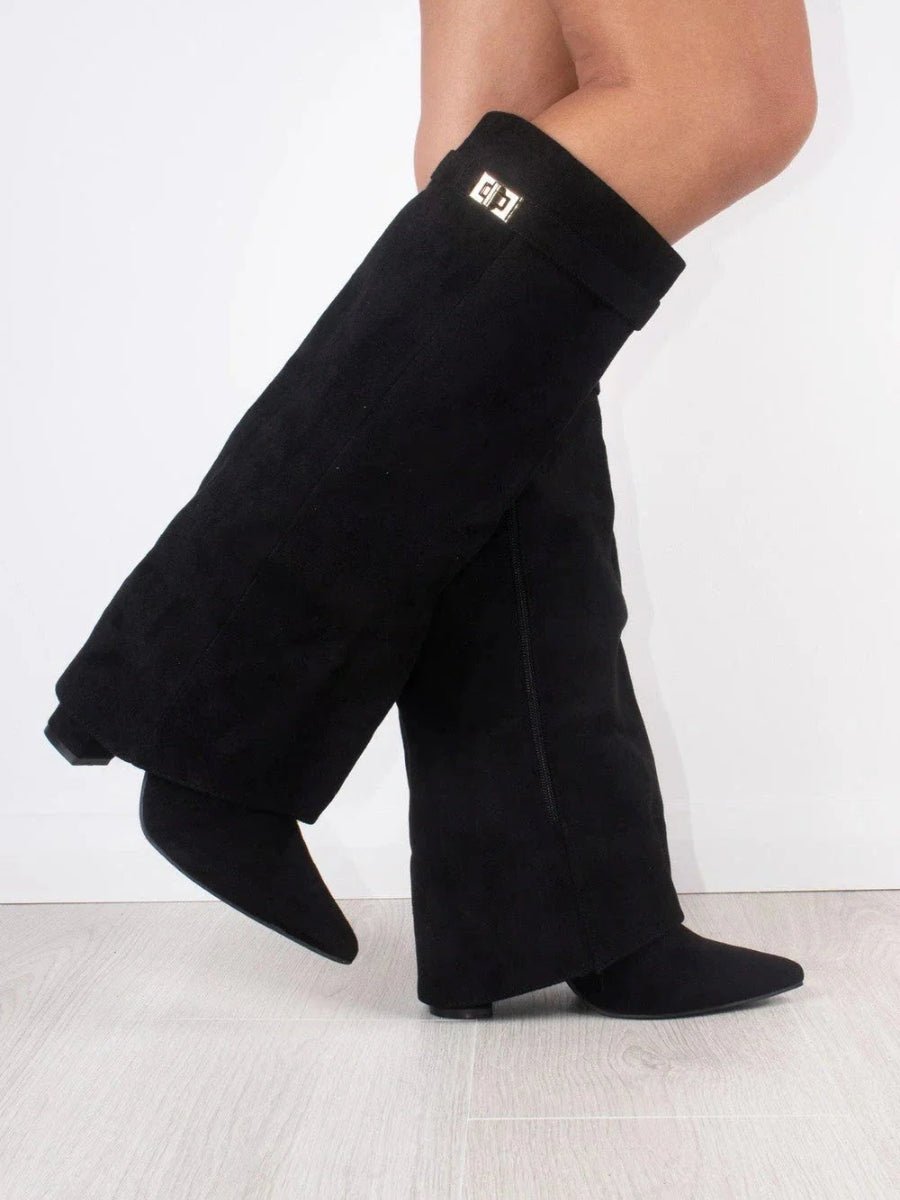 Suede-Look Ankle Boots Gold Hardware Detail — Block Heel 5