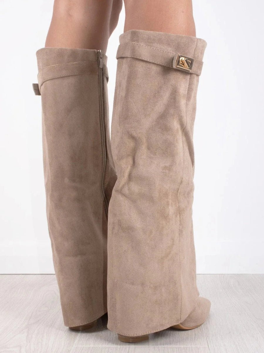 Suede-Look Ankle Boots Gold Hardware Detail — Block Heel 10