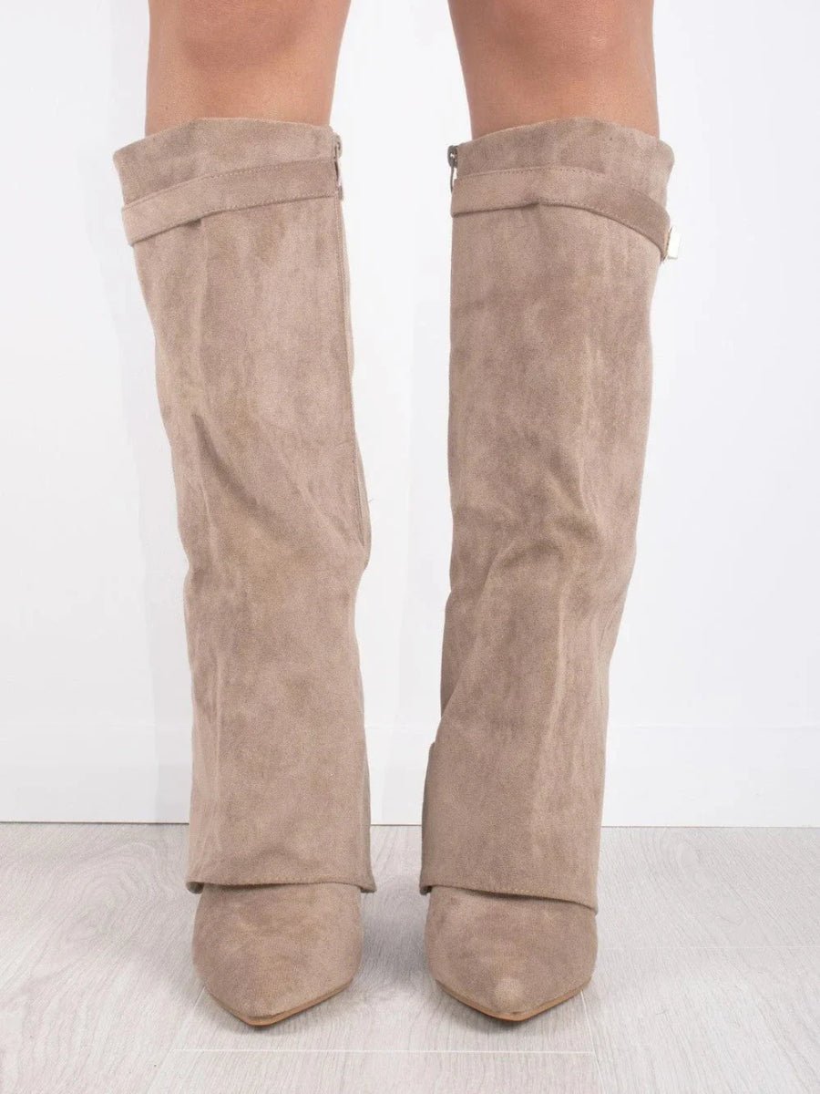 Suede-Look Ankle Boots Gold Hardware Detail — Block Heel 9