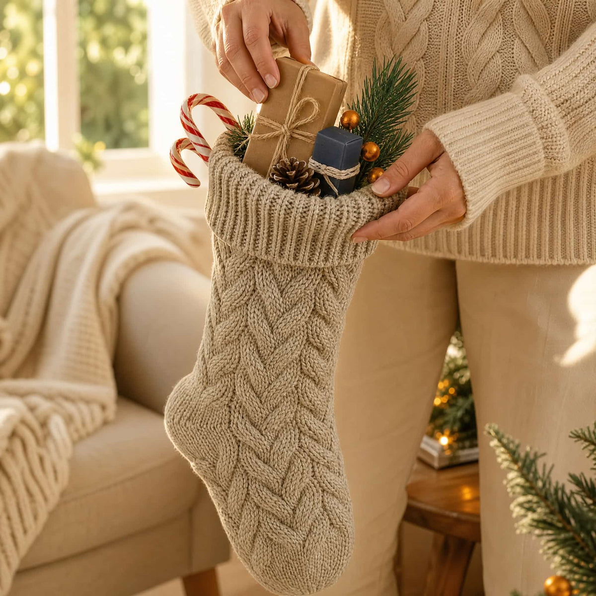 Cable Knit Polyester Christmas Stocking — 37 cm, 4 Colours 3