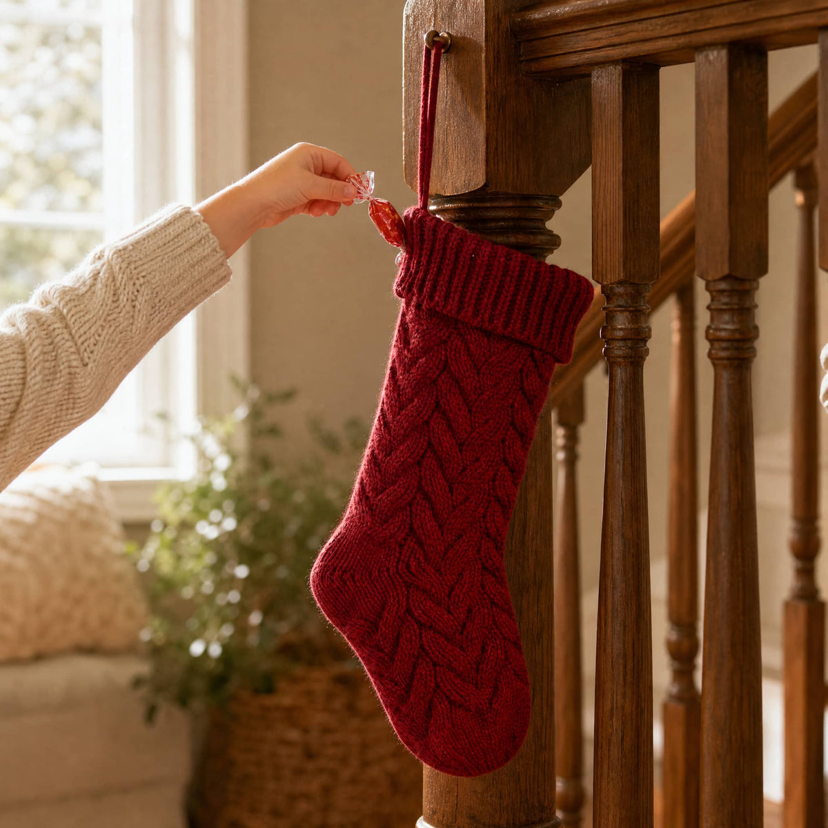 Cable Knit Polyester Christmas Stocking — 37 cm, 4 Colours 5