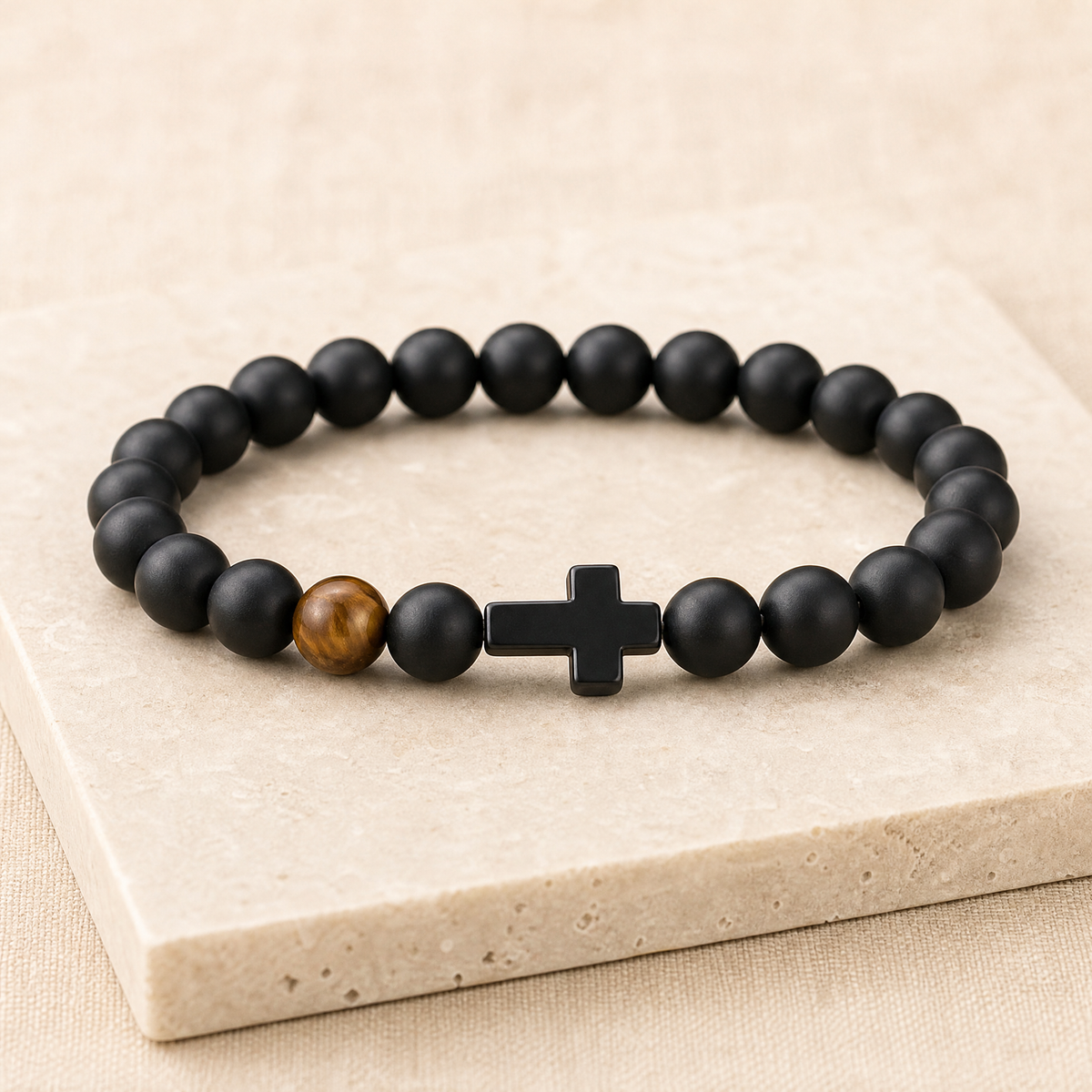 Gift for Dad — Men's Cross & Black Pearl Bead Bracelet 6
