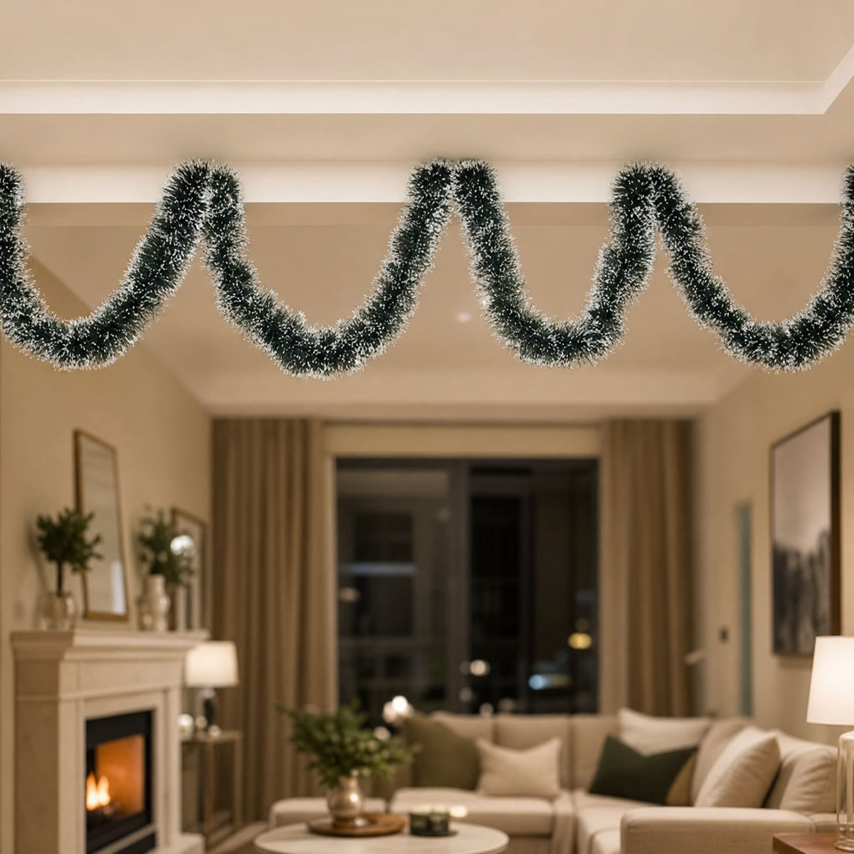 Christmas Tinsel Garland 2m — Snow-Tipped Dark Green PVC 4