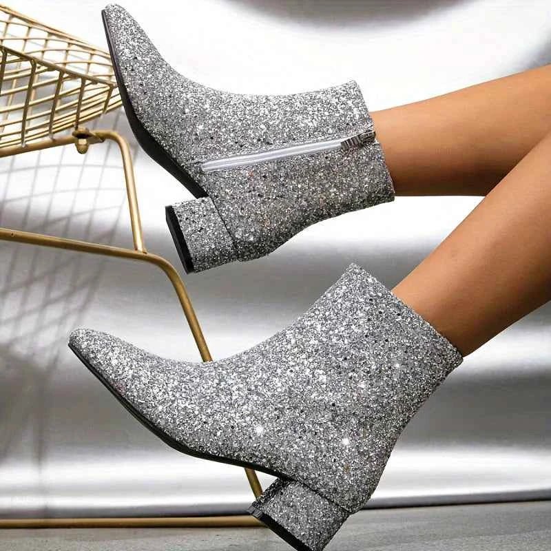 Women's Glitter Block Heel Ankle Boots — Party Evening Footwear 3
