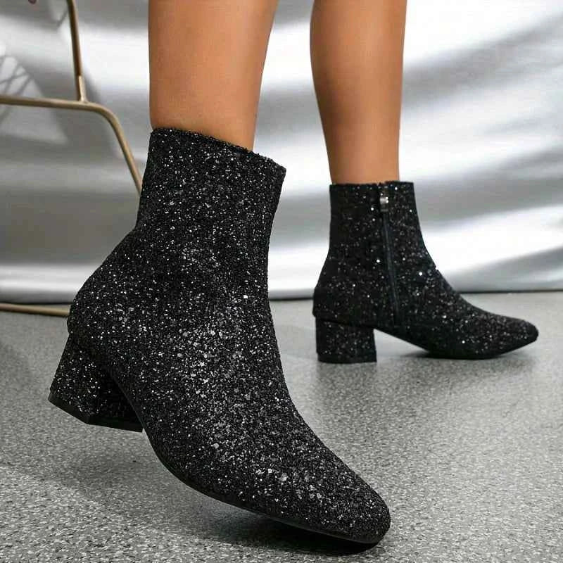 Women's Glitter Block Heel Ankle Boots — Party Evening Footwear 8