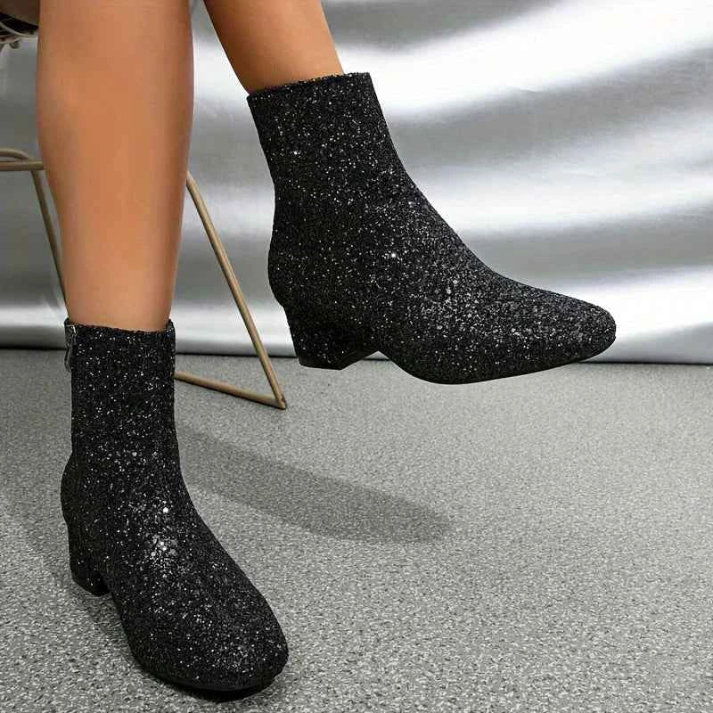 Women's Glitter Block Heel Ankle Boots — Party Evening Footwear 6