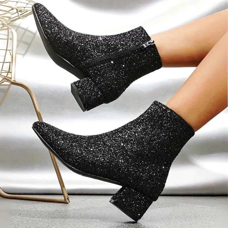 Women's Glitter Block Heel Ankle Boots — Party Evening Footwear 2