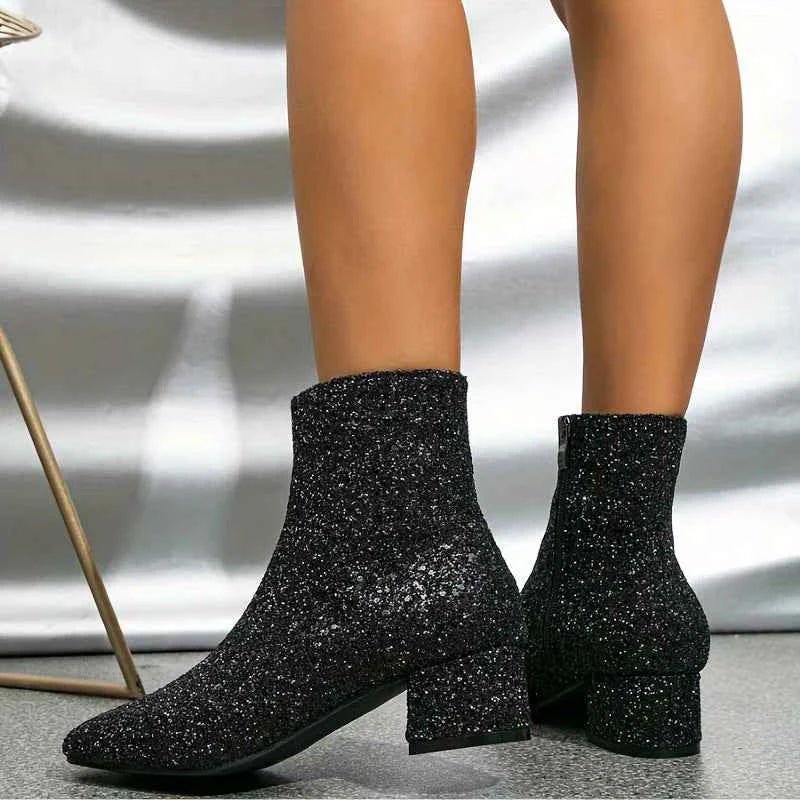 Women's Glitter Block Heel Ankle Boots — Party Evening Footwear 7