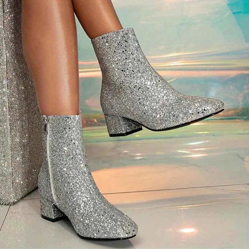 Women's Glitter Block Heel Ankle Boots — Party Evening Footwear 10