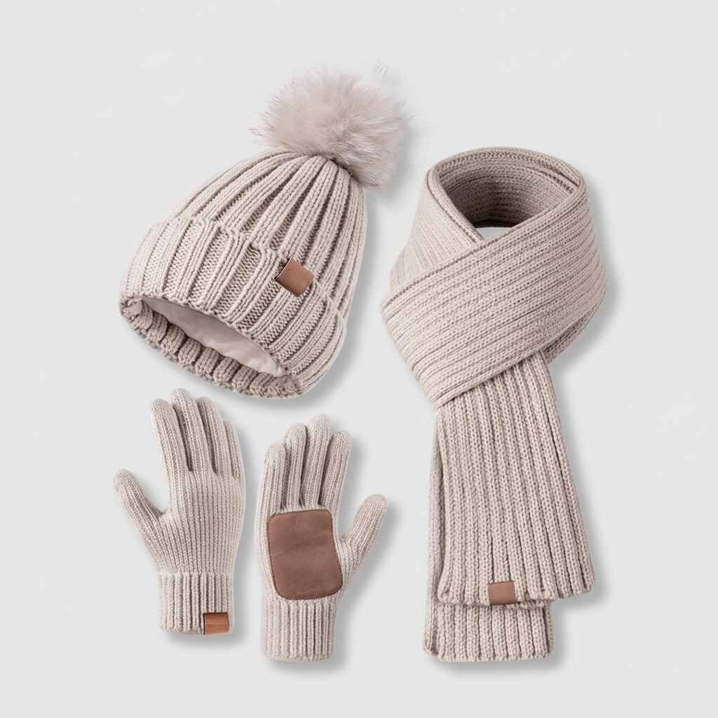 Women's Knit Hat Scarf and Gloves Set — Ribbed Winter Accessories 10