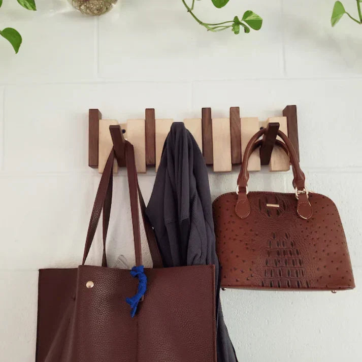 Piano Key Wooden Wall Coat Rack — Walnut & Beech Hook 10