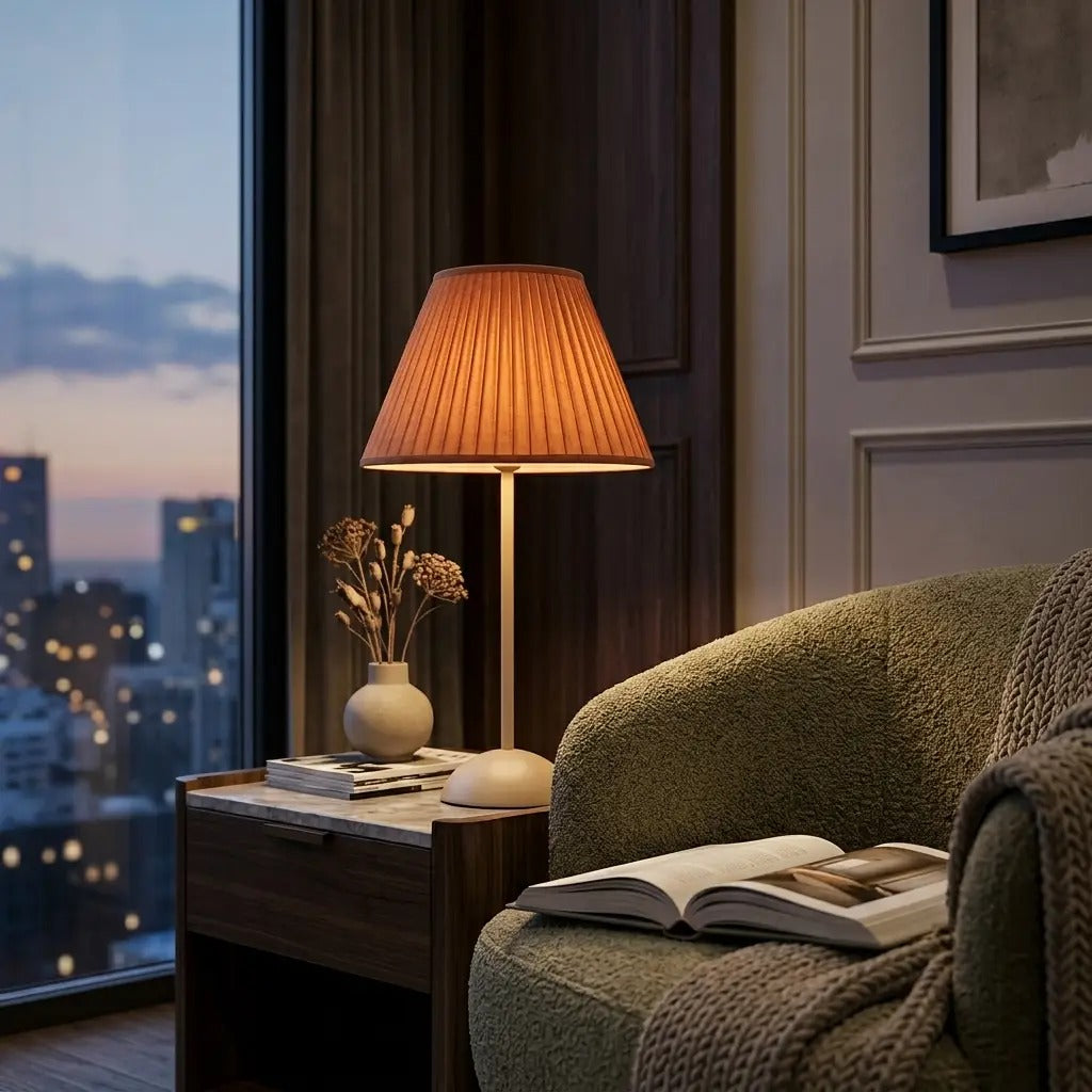 OcraLux | Terracotta Pleated Shade Table Lamp with Slim Metal Base