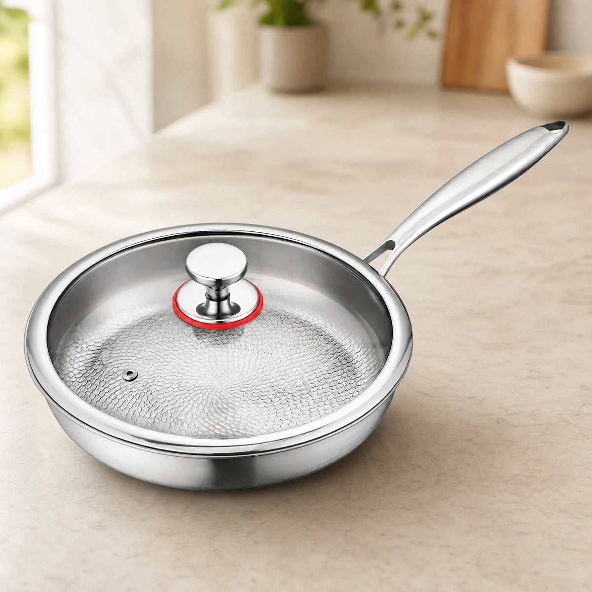 Hammered Titanium Frying Pan — Natural Non-Stick with Glass Lid 1